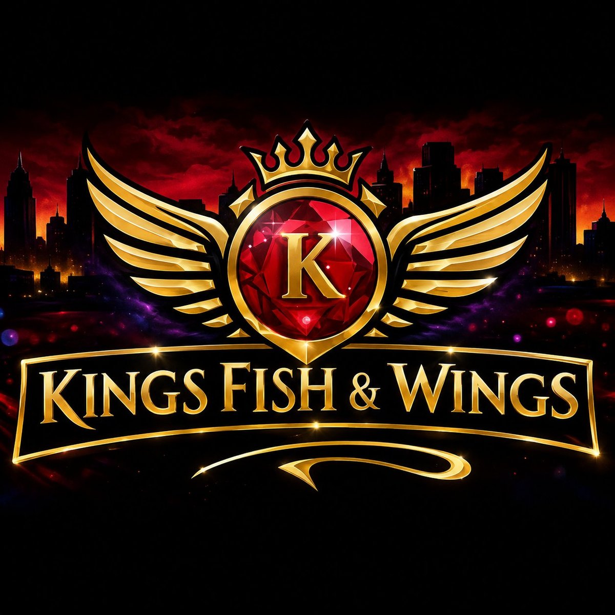 Kings Fish and Wings logo with gold crown and wings on red background with city skyline
